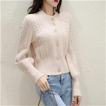 Spring and Autumn 2021 new round neck cardigan sweater lazy lantern sleeve small fragrant style short knitted coat coat