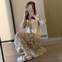 2021 Autumn New French temperament sweet age set skirt floral chiffon dress vest two-piece