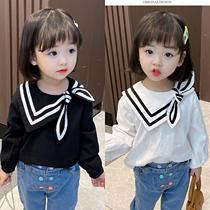 Girls spring long sleeve shirt 2021 new childrens spring women Baby foreign style Korean spring and autumn bow shirt
