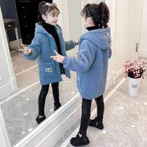 Male and female childlike spring autumn winter coat with long style 2022 new Korean version of lamb suede coat with large children cotton sweater sweater