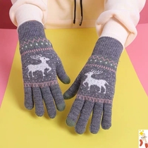 Gloves womens winter touch screen womens thickened knitted Christmas warm Korean version of the student cute plus fluff line ride new