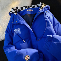Retro Klein blue thick checkerboard grid cotton-padded clothes women autumn and winter loose Korean minority design sense bread suit