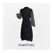 First Love Beauty Beka fund V collar black and white stitching long sleeve floral dress waist strap autumn A- line dress
