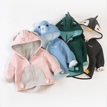 Boys winter clothes plus velvet coat 2021 new childrens thick clothes female baby autumn and winter fleece hooded coat