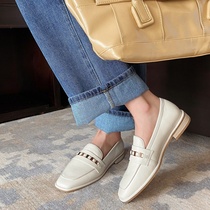 Square button high heels women 2021 New thick heel rhinestone flat shallow mouth middle heel square head leather single shoes