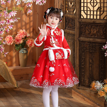 Hanfu girls winter clothes New year clothes autumn and winter plus velvet thickened Chinese style children Tang dress New year clothes festive