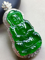Natural old pit A cargo ice jade pendant full Yang green jade Buddha Guanyin 18K gold inlaid jade neck pendant
