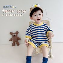 Baby Conjoined Clothes Summer Short Sleeves Slim out Harvest striped mesh Red baby clothes Male baby Summer load