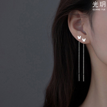 S999 pure silver butterfly ear line woman 2020 new tide 2021 long section of flow Su earrings with a small earring to raise the ear