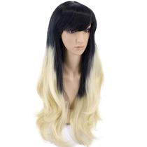 European and American Amazon wig women's long curly hair oblique bangs dyed wig set black gradient light gold wholesale