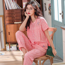 Summer cotton pajamas short sleeve trousers woven cotton home clothing cardigan middle-aged and elderly mother cotton pajamas thin