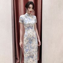 2021 New temperament retro Chinese style French cheongsam long modified version young girl dress summer