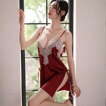 Sexy pajamas women Spring Summer and autumn ice silk chiffon large size suspenders deep V thin Korean lace home clothing nightgown New