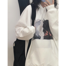 Pure cotton oversize white national tide sweater coat female spring and autumn thin American hiphop high street hip hop fried Street