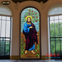 Custom colored painted church figures Jesus painting inlaid retro European Art Deco glass arched large windows