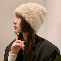 Plush knitted hat female autumn and winter beige big head circumference face small wool hat Japanese loose warm ear protection hat