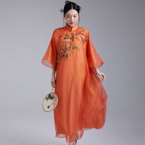 Mo Yu 2022 Spring New Chinese Style Retro Improved Loose Embroidered Silk Cheongsam Chinese Art Dress
