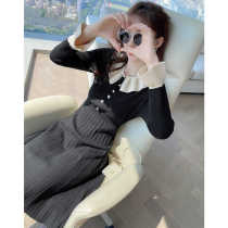Doll collar stitching black knitted dress autumn and winter 2021 new female inner Western style trumpet sleeve a-line skirt