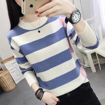 Plus velvet sweater women autumn and winter 2021 New lazy wind round neck long sleeve stripes loose knit base shirt women thick