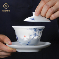 Hand-painted flowers birds magpies making tea three-cai cover bowls teacups household single tea sets teacups blue and white porcelain Dehua white porcelain