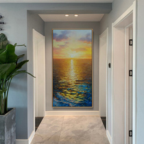 Modern hand-painted oil painting Hanging painting Entrance decorative painting At the end of the corridor Vertical version of light luxury sea view sunrise landscape painting aisle