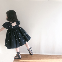 Girls dress small black dress summer new 2021 Korean version of the foreign girl small square collar halter floral princess dress