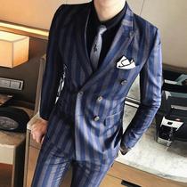 Double-breasted suit mens suit groom wedding dress slim formal dress casual English red blue striped suit