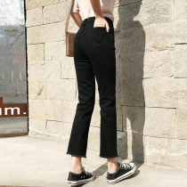 Black pipe straight jeans women eight points 2021 autumn and winter New High waist thin elastic size nine points plus Velvet