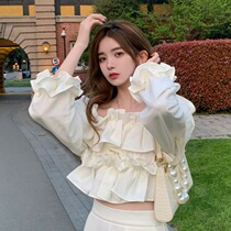 French chiffon shirt female Spring and Autumn new fairy air shoulder shoulder shirt design sense ruffled white top