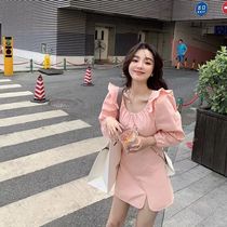  2021 early autumn new flanging shoulder design slim and wild thin and meat-covered long-sleeved dress