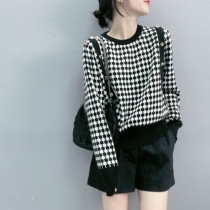 Urban sexy beauty shoulder buckle plaid cashmere sweater long sleeve pullover 2021 autumn and winter New waist thin sheep