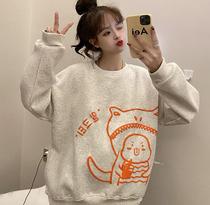 Plus velvet padded sweater women 2020 autumn and winter New lazy wind loose cartoon dinosaur printing student top