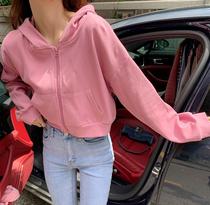 30204 solid color hooded sweater women loose short waist slim pocket college style casual top