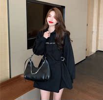R Winter ins hooded plus velvet sweater female design sense niche waist long coat loose long sleeve top tide