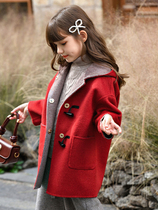 Girls double-sided cashmere coat 2021 new autumn and winter horn buckle hooded childrens middle-aged woolen coat childrens clothing