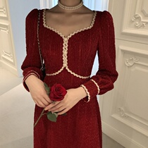 French temperament socialite dress womens 2021 spring new wild waist square collar bubble sleeve annual party dress