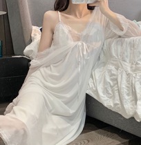 Sexy lace fairy dress white sleeping dress female princess windy lace splicing V collar two wear sweet and beautiful home clothes