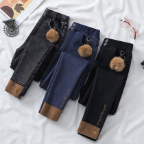 Add velvet stretch straight jeans womens autumn and winter wear new high waist slim Joker fashion thick pants tide