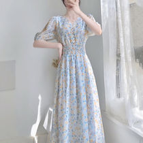 French Hepburn style can sweet salt long skirt over the knee small fragrant wind gentle temperament waist chiffon floral dress summer