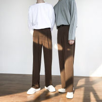 Spring and autumn trousers mens Brown straight loose Korean version of falling sense Hong Kong wind wide leg pants suit mop pants men