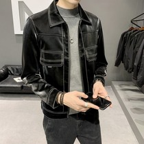 Rich bird spring and autumn short jacket mens jacket Korean version of the trend slim and wild silk leather mens lapel
