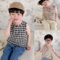  Boys  summer new baby childrens cotton and linen plaid vest childrens clothing sleeveless T-shirt childrens foreign trend