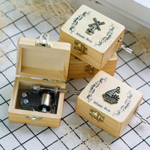 Wooden hand-cranked music box Creative handmade DIY to send childrens birthday gifts Small gifts Sky City music box