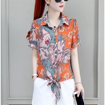 Floral chiffon shirt Womens 2021 new short-sleeved middle-aged mother belly hem knotted foreign gown shirt