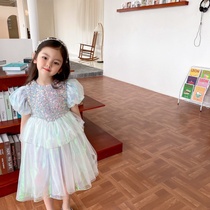 Childrens Dress Summer 2021 New Girls Bubble Sleeve Western Style Girl Aisha Princess Mermaid Ji Bright Dress