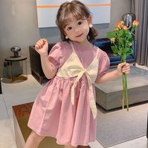 Girls Korean dress 2021 summer new baby retro foreign style short sleeve skirt childrens fashion fake Two