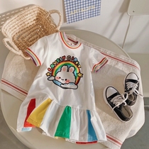 Girls rainbow dress ins childrens clothing Children Baby foreign style cartoon long T-shirt skirt princess dress summer