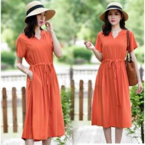 Cotton silk dress Women summer 2021 new artificial cotton solid color short sleeve waist slim long temperament long dress