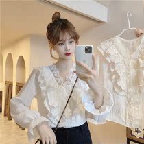 2021 Spring and Autumn Korean New Ruffle Lace Splice V-neck Loose Fashion Joker Long Sleeve Shirt