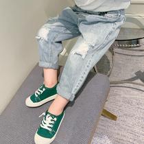 Boys pants spring and autumn jeans 2021 new childrens hole pants boy boy Korean version of trousers tide